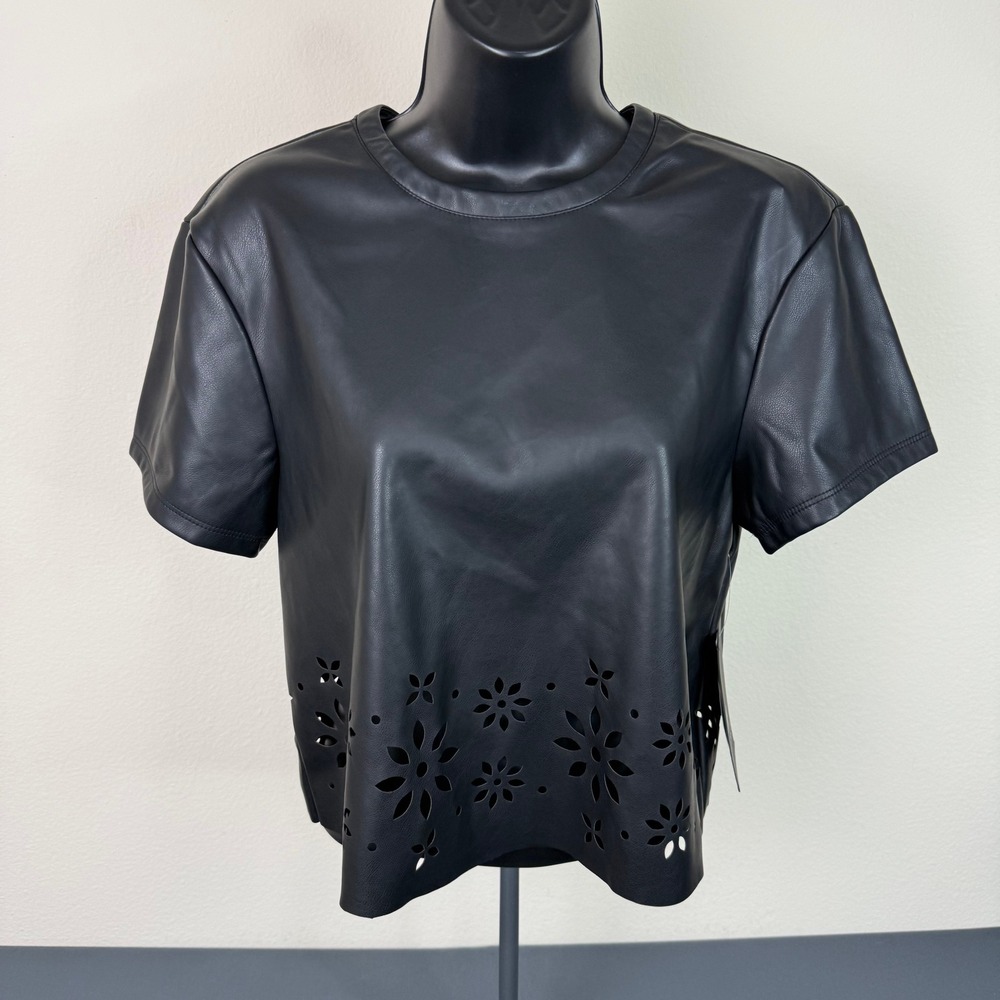 Bagatelle Collection Top Womens XS Black Faux Leather Laser Cut Floral Eyelet